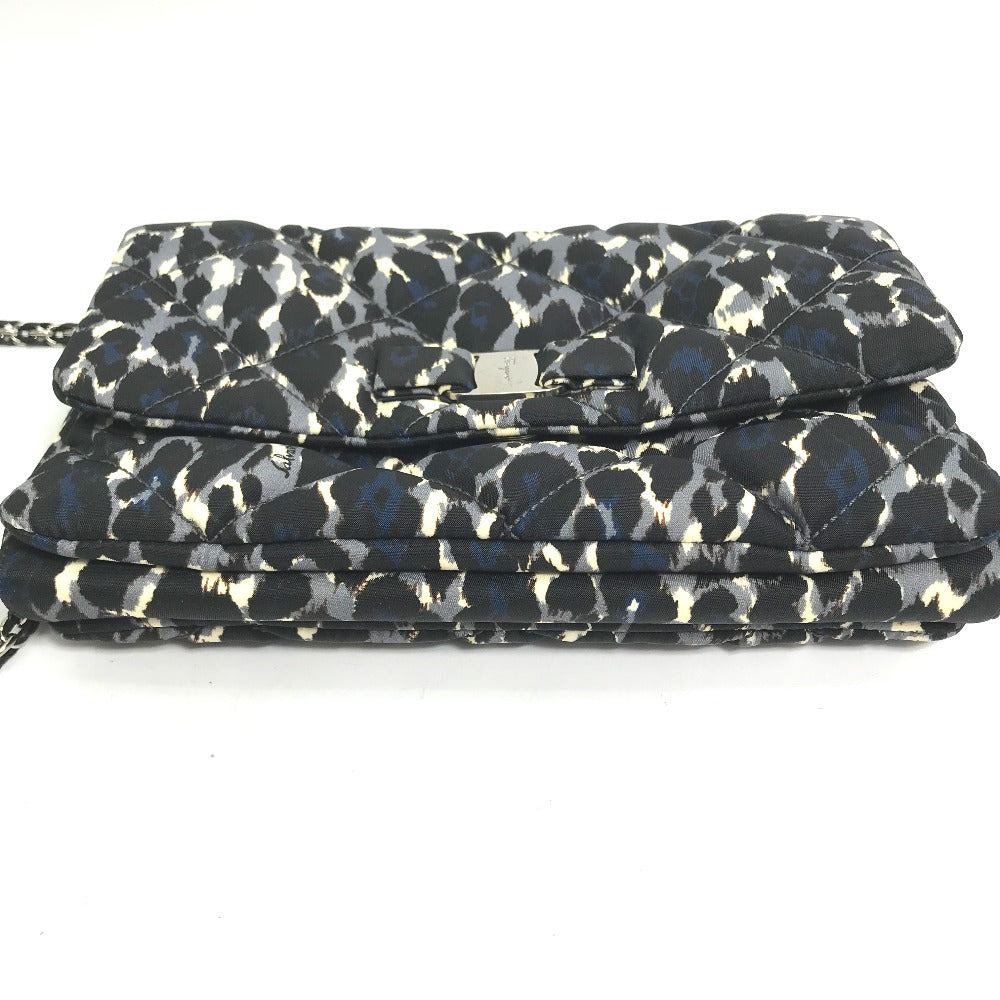 Salvatore Ferragamo E834 Vara Ribbon Leopard Chain Shoulder Bag in Nylon/Leather, Black