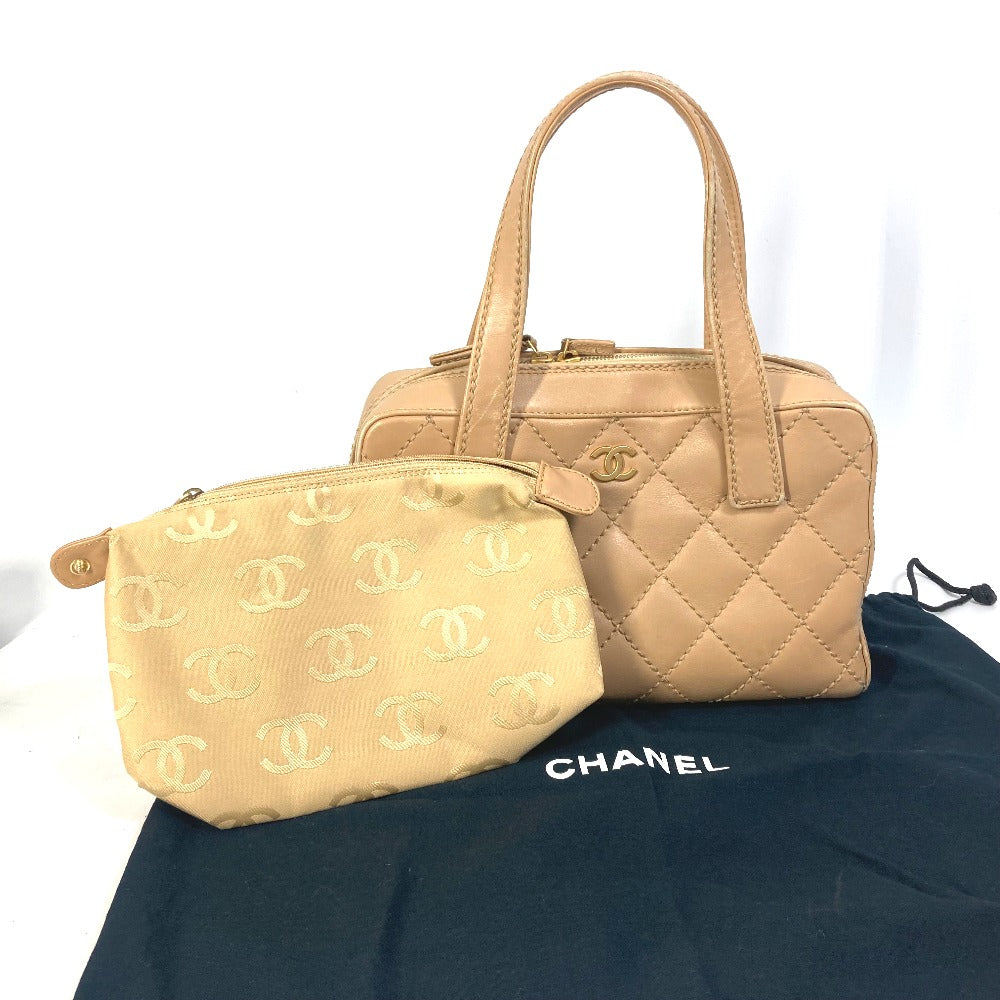 CHANEL CC Coco Mark Wild Stitch Vintage Boston Bag Shoulder Bag Handbag Leather Women's Beige