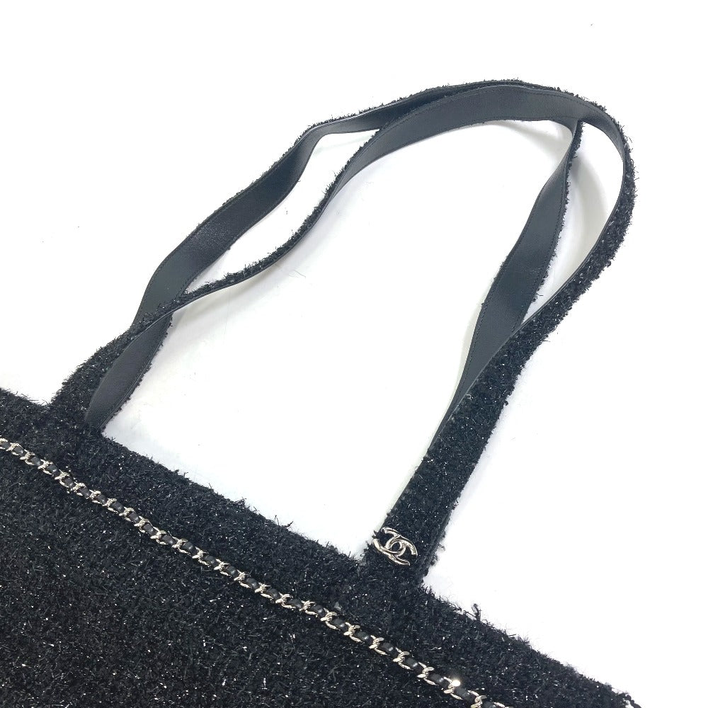 CHANEL A94646 CC ココマーク ラインストーン パール ロボット ラージ チェーン ショッピングバッグ 肩掛け トートバッグ ツイード レディース ブラック