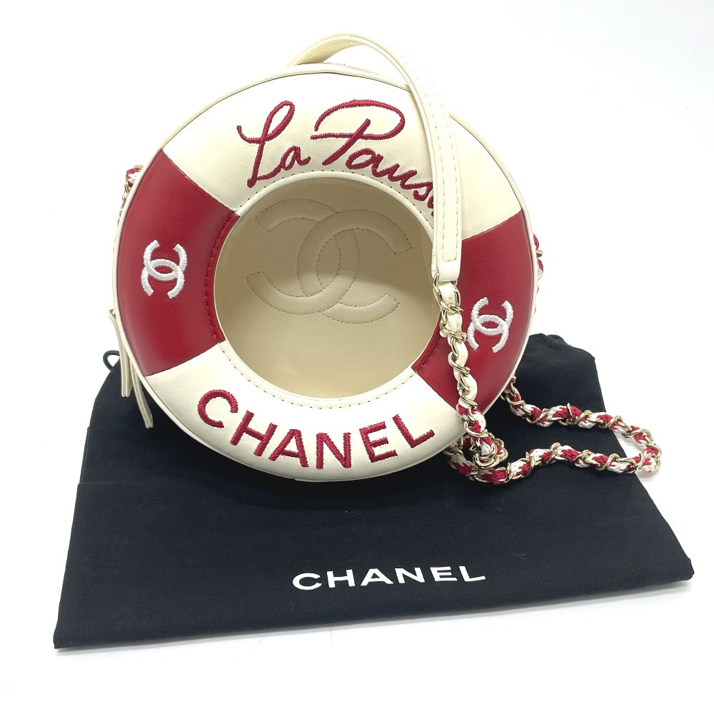 CHANEL AS0209 Coco Mark CC Round Small Chain Cruise Line Bag Pochette Shoulder Bag Lambskin Women's White/Red