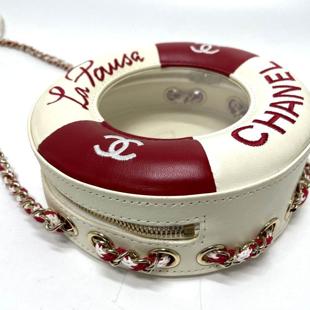 CHANEL AS0209 Coco Mark CC Round Small Chain Cruise Line Bag Pochette Shoulder Bag Lambskin Women's White/Red