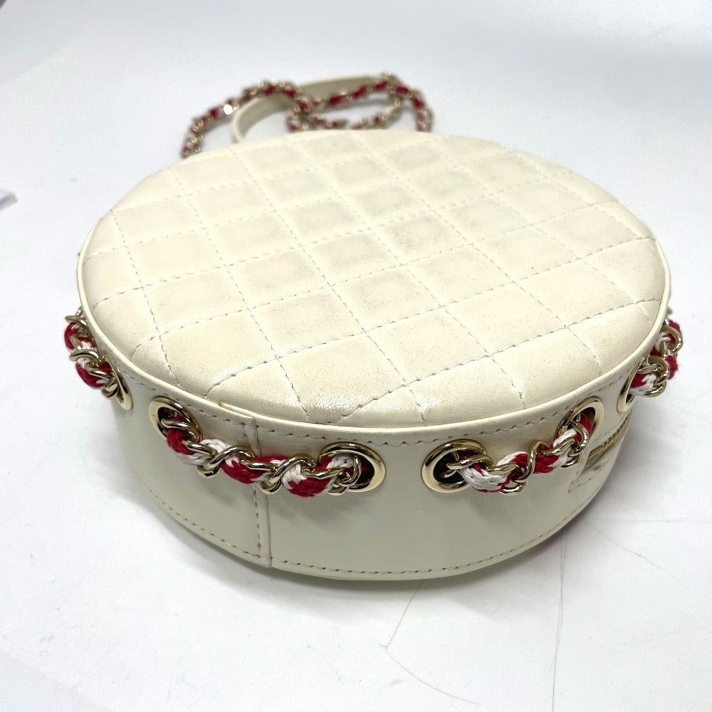 CHANEL AS0209 Coco Mark CC Round Small Chain Cruise Line Bag Pochette Shoulder Bag Lambskin Women's White/Red