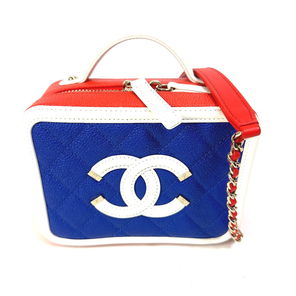 CHANEL A93342 Coco Mark CC Filigree Vanity Bag, Tricolor Caviar Leather Shoulder Bag, Red