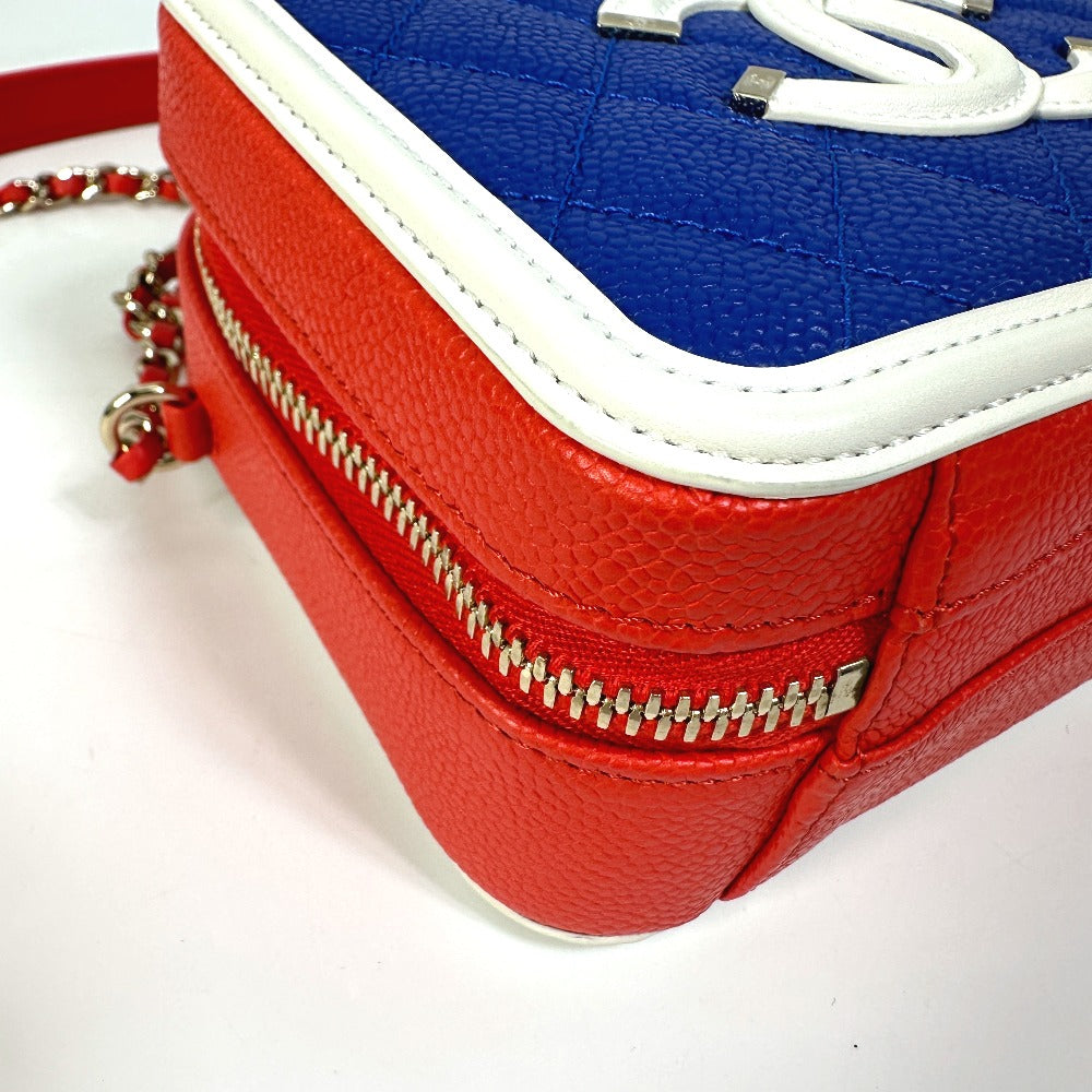 CHANEL A93342 Coco Mark CC Filigree Vanity Bag, Tricolor Caviar Leather Shoulder Bag, Red