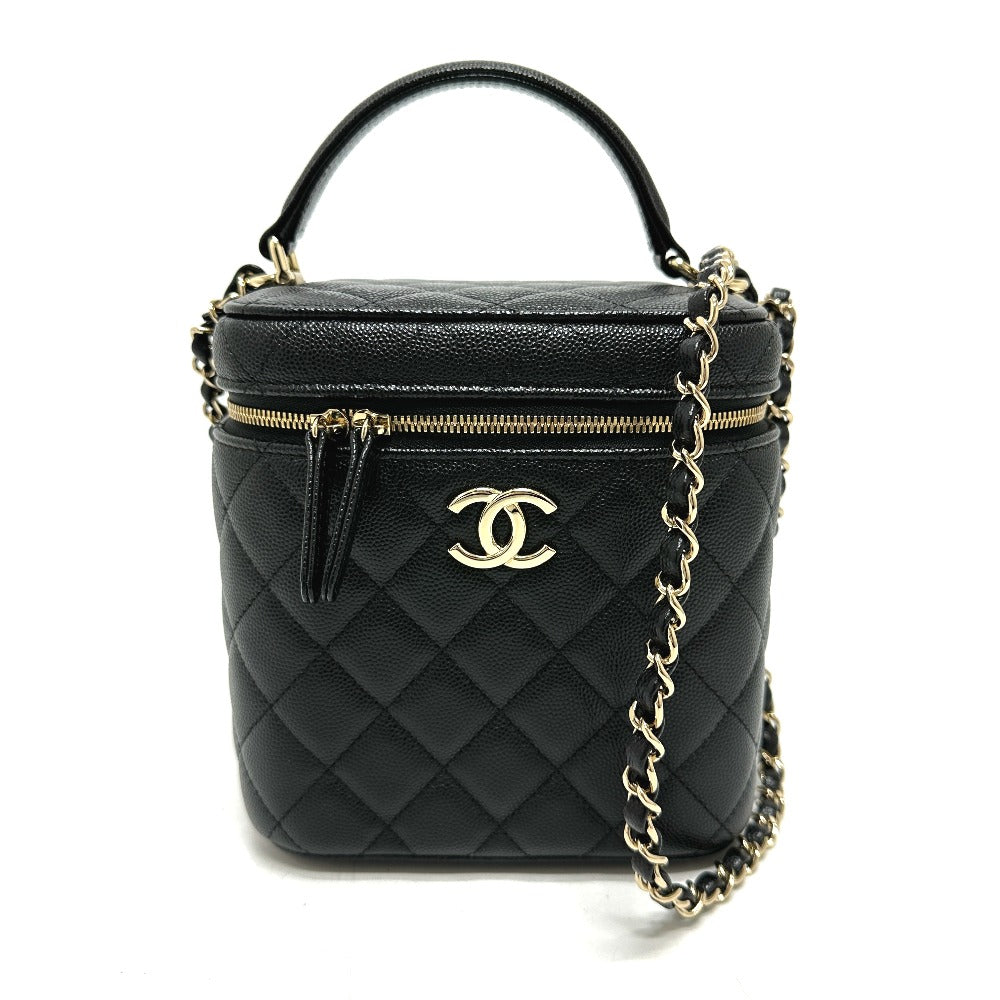 CHANEL AS2362 Coco Mark CC Matelasse Quilted 2-Way Chain Bag, Shoulder Bag, Handbag, Vanity Bag, Caviar Skin, Women's, Black
