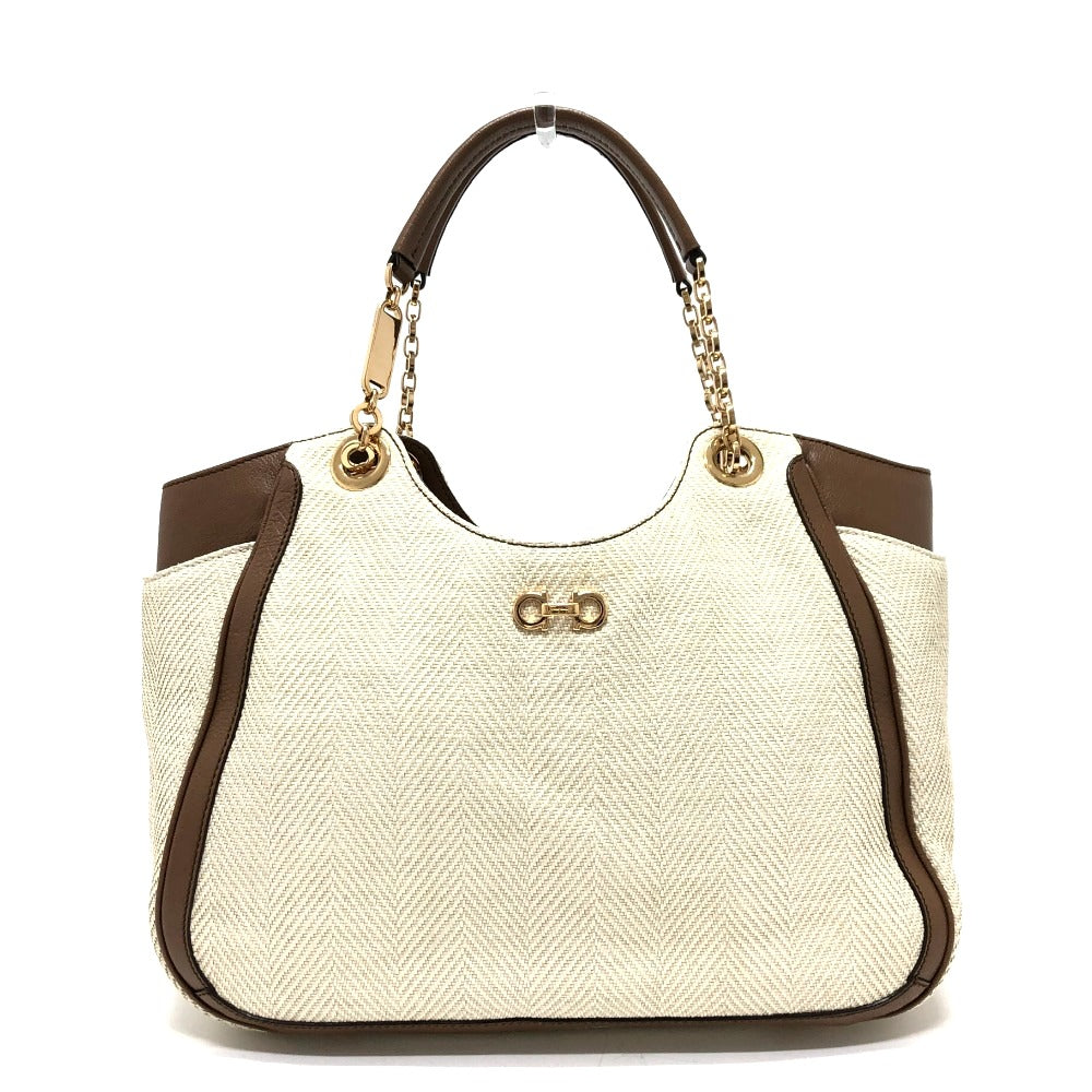 Salvatore Ferragamo Gancini Shoulder Bag/Tote Bag in Beige Canvas/Leather for Men