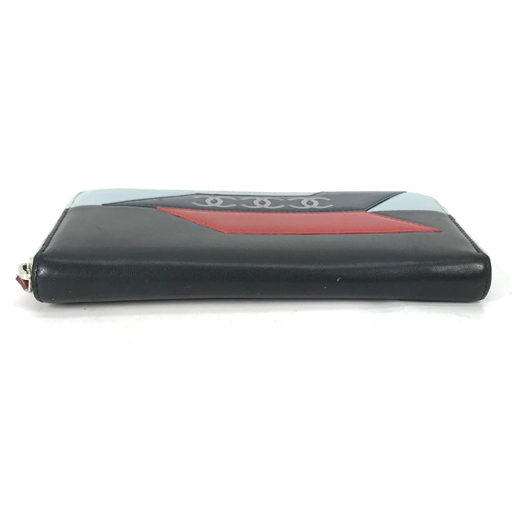 CHANEL Airline Triple Coco Long Wallet, Round Zipper, Leather, Women's, Black
