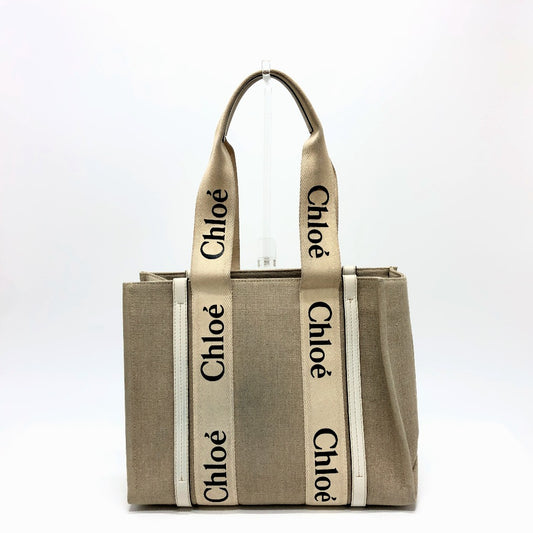 Chloe ロゴ ウッディ ミディアム ハンドバッグ トートバッグ キャンバス ユニセックス ベージュ