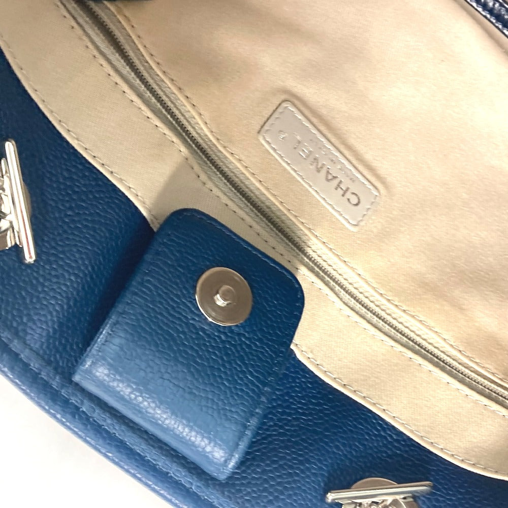 CHANEL ロゴ トートバッグ 肩掛け ドーヴィルMM カバン チェーン ショルダーバッグ レザー レディース ネイビー