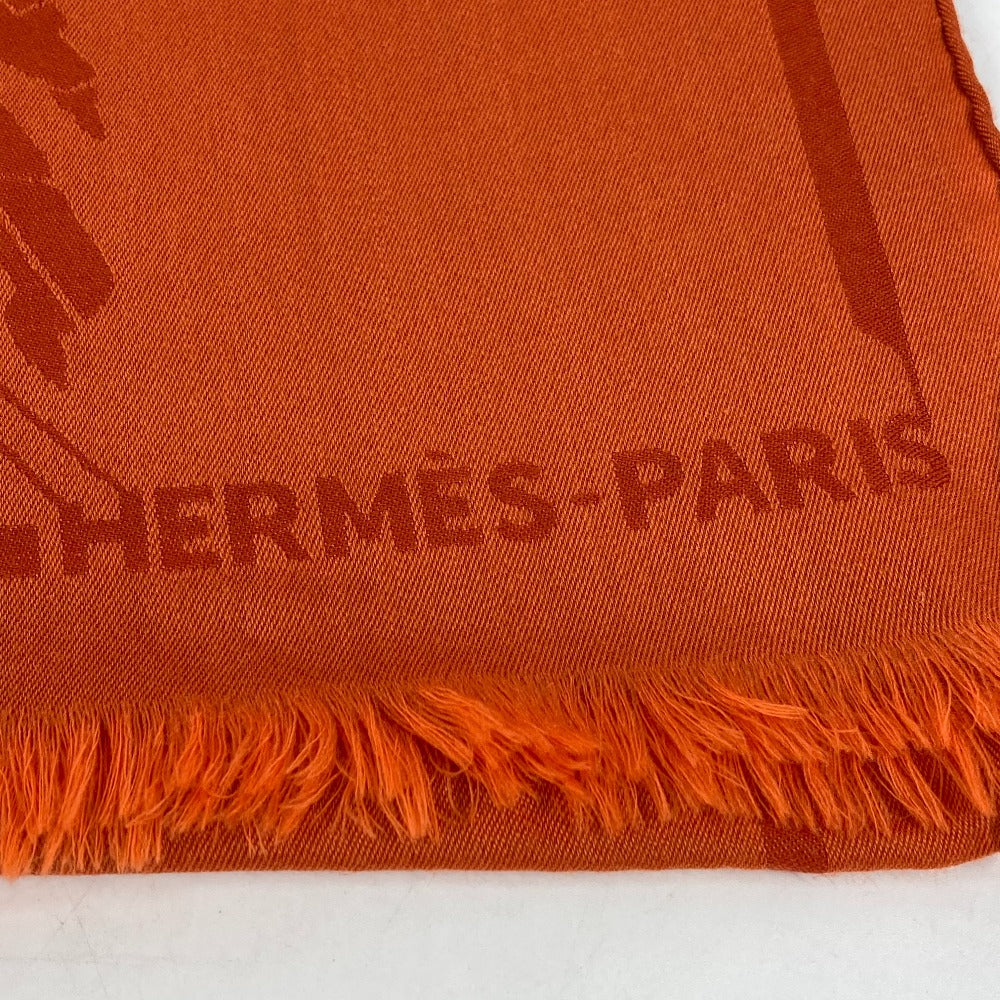 HERMES 馬柄 シュバル 大判 ショール マフラー フリンジ ストール ウール レディース オレンジ