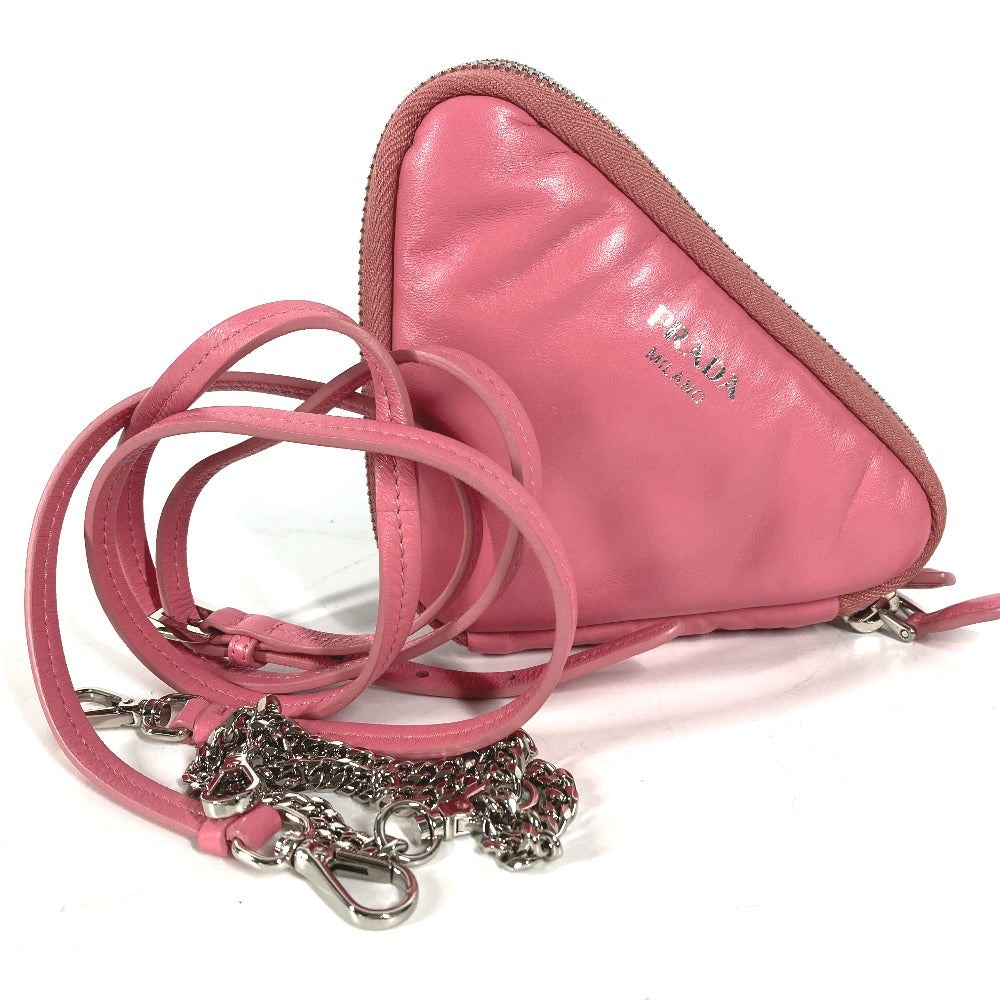 PRADA チェーン ダブルトライアングル 三角ロゴ プレート 斜め掛け 3WAY ポシェット ポーチ ショルダーバッグ レザー レディース ピンク