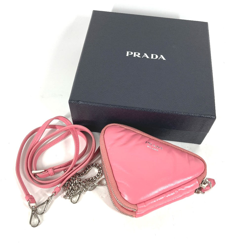 PRADA チェーン ダブルトライアングル 三角ロゴ プレート 斜め掛け 3WAY ポシェット ポーチ ショルダーバッグ レザー レディース ピンク