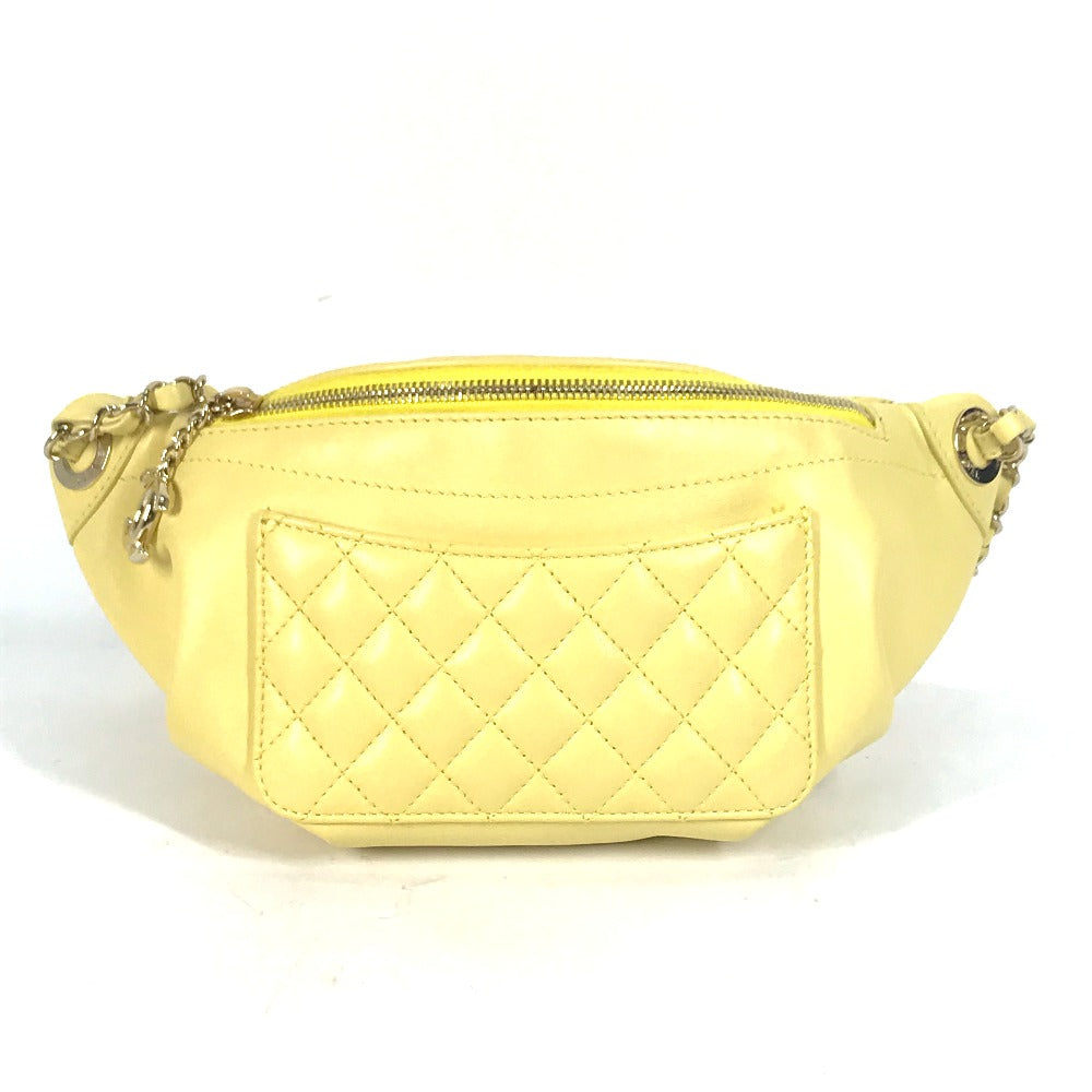 CHANEL A57832 Chain Belt Bag, Waist Pouch, CC Coco Mark, Crossbody Quilted Matelasse Lambskin, Yellow, Women's