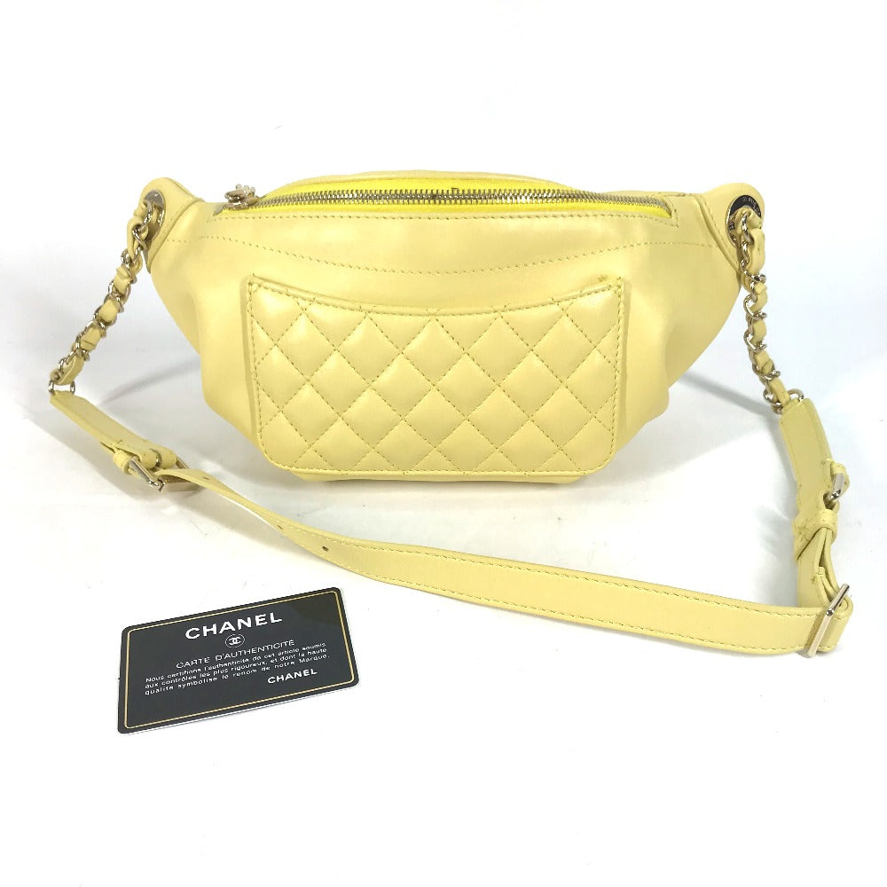 CHANEL A57832 Chain Belt Bag, Waist Pouch, CC Coco Mark, Crossbody Quilted Matelasse Lambskin, Yellow, Women's