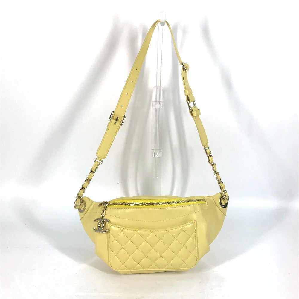 CHANEL A57832 Chain Belt Bag, Waist Pouch, CC Coco Mark, Crossbody Quilted Matelasse Lambskin, Yellow, Women's