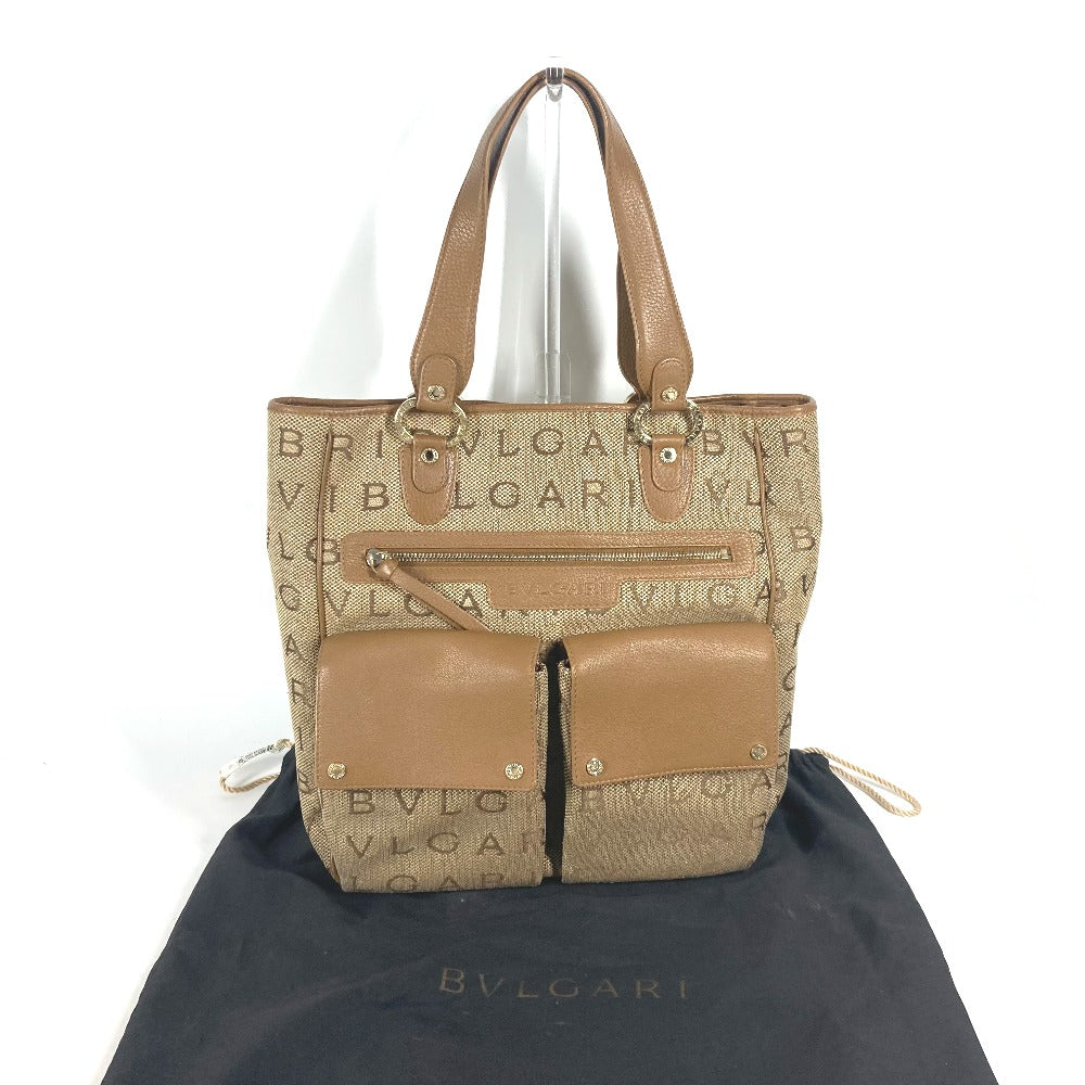 BVLGARI 801904 マキシロゴ ロゴマニア ショルダーバッグ カバン 肩掛け トートバッグ レザー/キャンバス レディース ベージュ