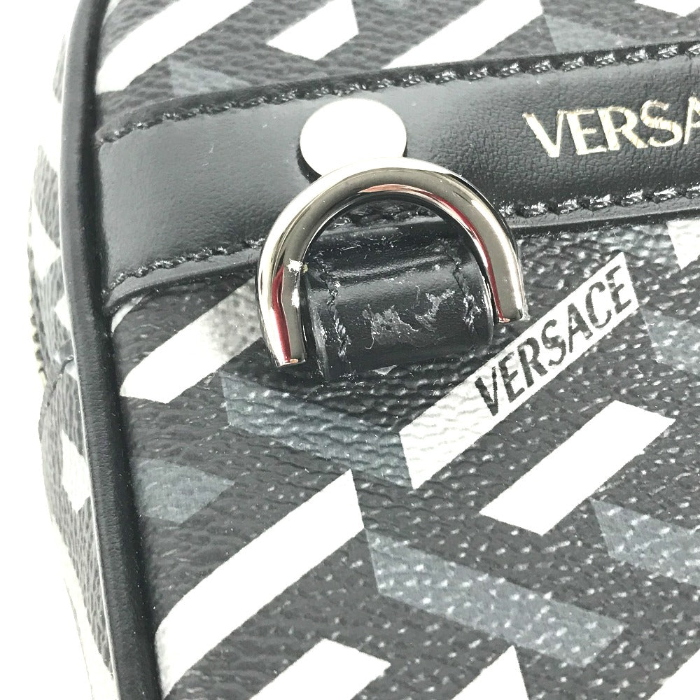 VERSACE 総ロゴ ラグレカ スクエア メイクポーチ 化粧ポーチ マルチポーチ ポーチ レザー レディース グレー