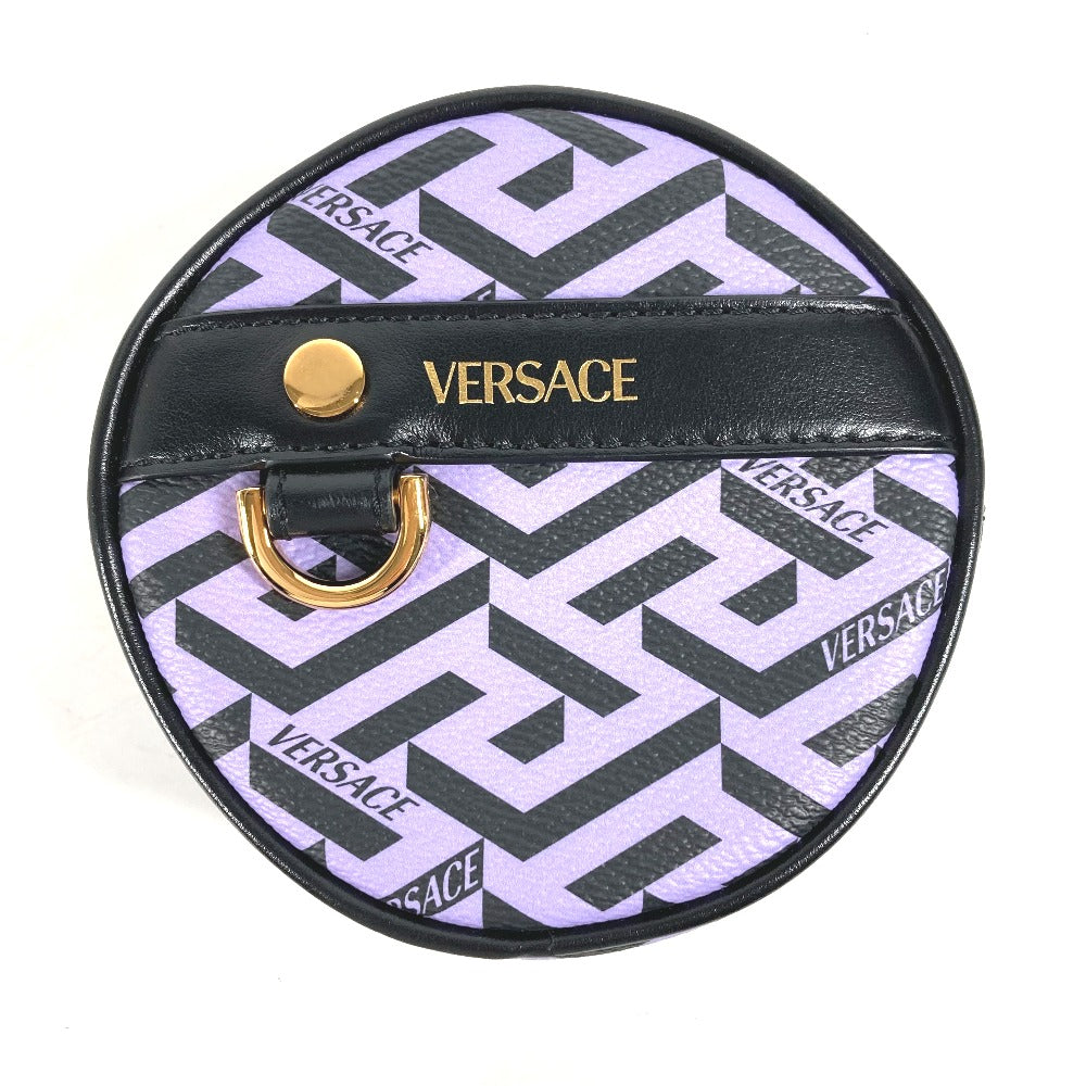 VERSACE 総ロゴ ラグレカ ラウンド メイクポーチ 化粧ポーチ マルチポーチ ポーチ レザー レディース パープル