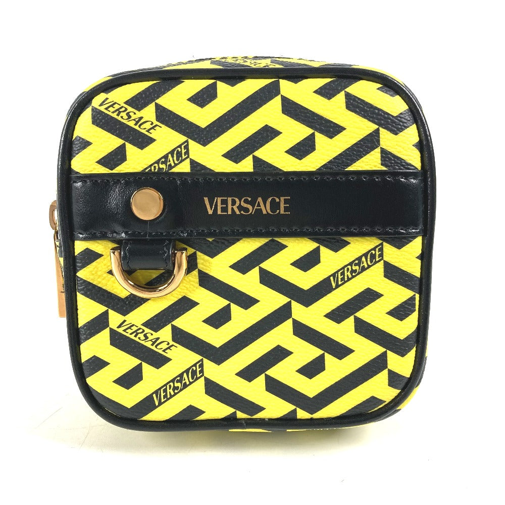 VERSACE 総ロゴ ラグレカ スクレア メイクポーチ 化粧ポーチ マルチポーチ ポーチ レザー レディース イエロー