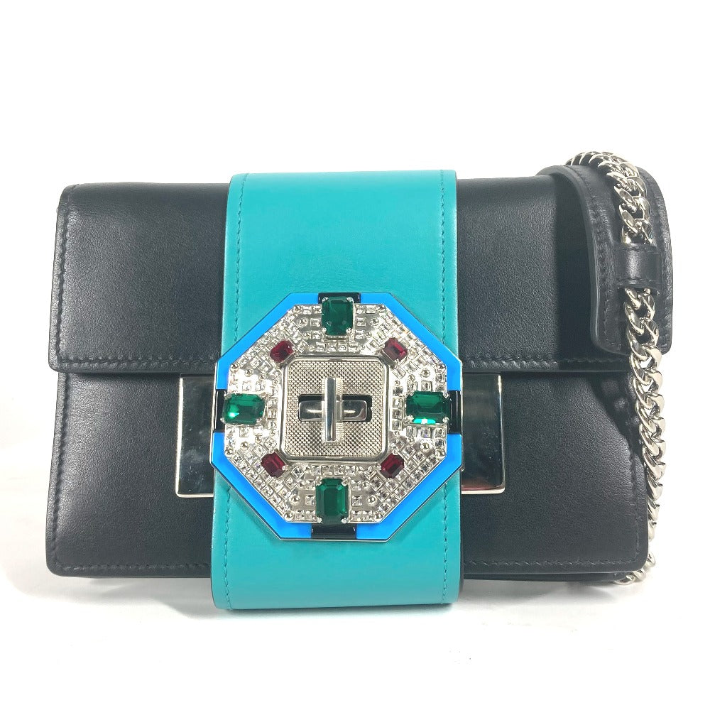 PRADA 1BD067 2WAYバッグ チェーン クリスタル ラインストーン カバン 斜め掛け ポシェット クラッチバッグ ショルダーバッグ レザー レディース ブラック