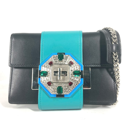 PRADA 1BD067 2WAYバッグ チェーン クリスタル ラインストーン カバン 斜め掛け ポシェット クラッチバッグ ショルダーバッグ レザー レディース ブラック