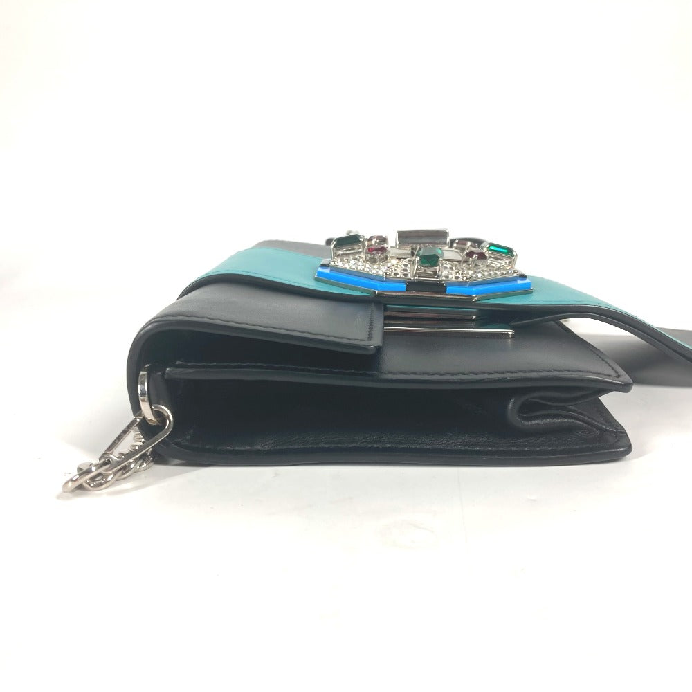 PRADA 1BD067 2WAYバッグ チェーン クリスタル ラインストーン カバン 斜め掛け ポシェット クラッチバッグ ショルダーバッグ レザー レディース ブラック