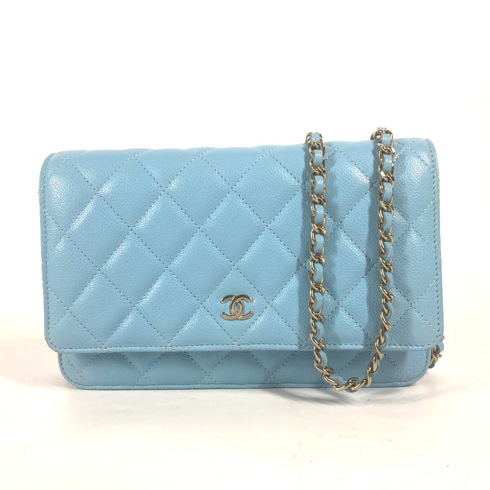 CHANEL AP0250 CCココマーク マトラッセ タイムレスクラシック チェーンウォレット カバン 長財布 チェーンバッグ 斜め掛け ショルダーバッグ キャビアスキン レディース ライトブルー