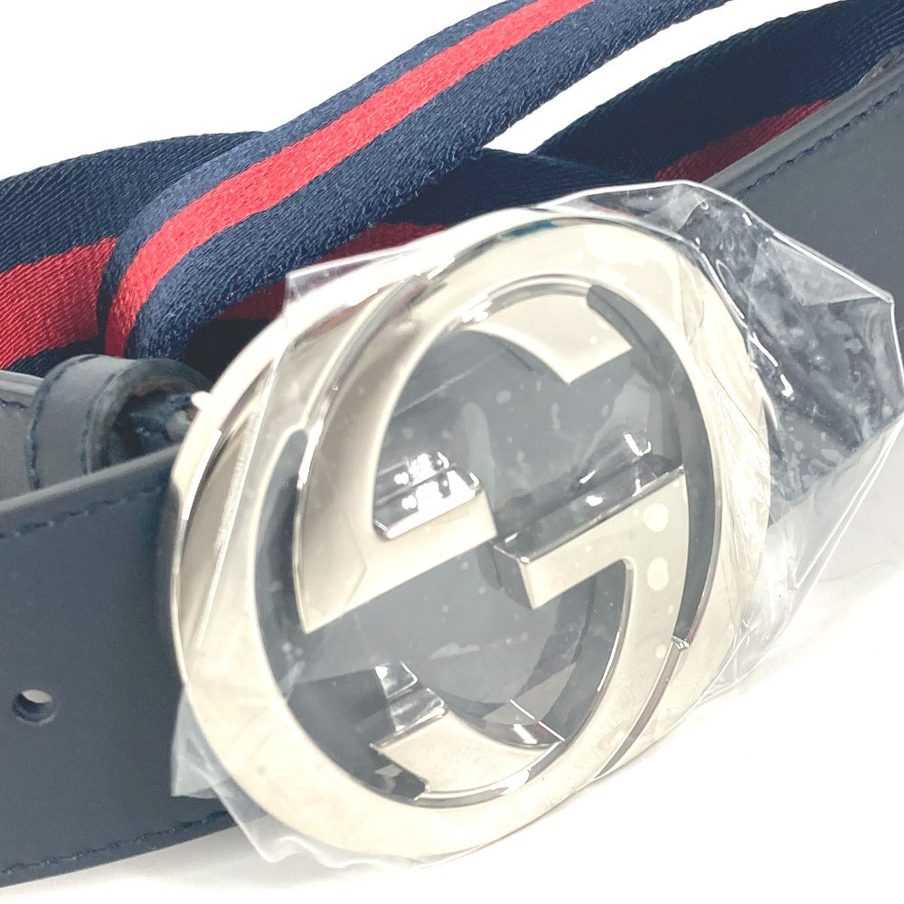 GUCCI 411924 GG Interlocking G Belt, Accessory, Pants Belt, Leather/Canvas, Women's, Navy