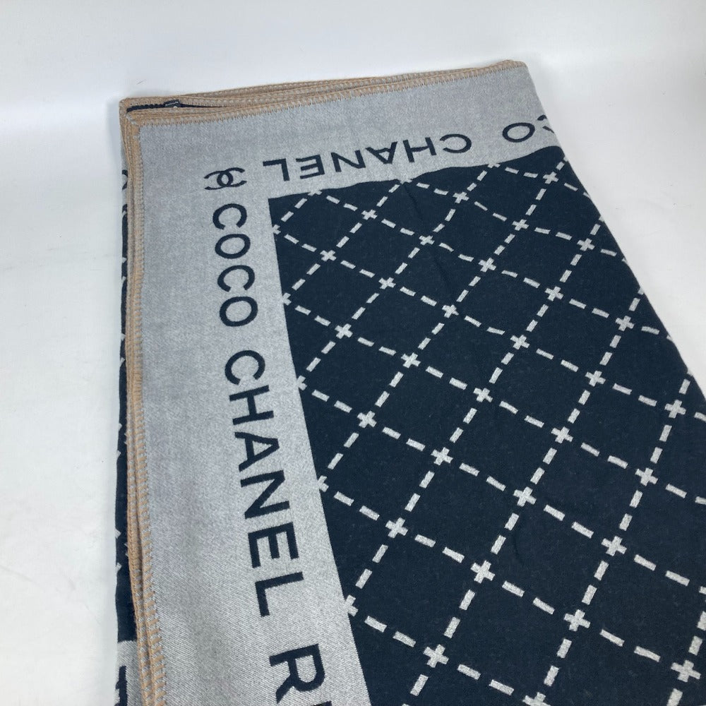 CHANEL 大判 ロゴ ポーチ付き インテリア ひざかけ ブランケット ウール レディース ブラック
