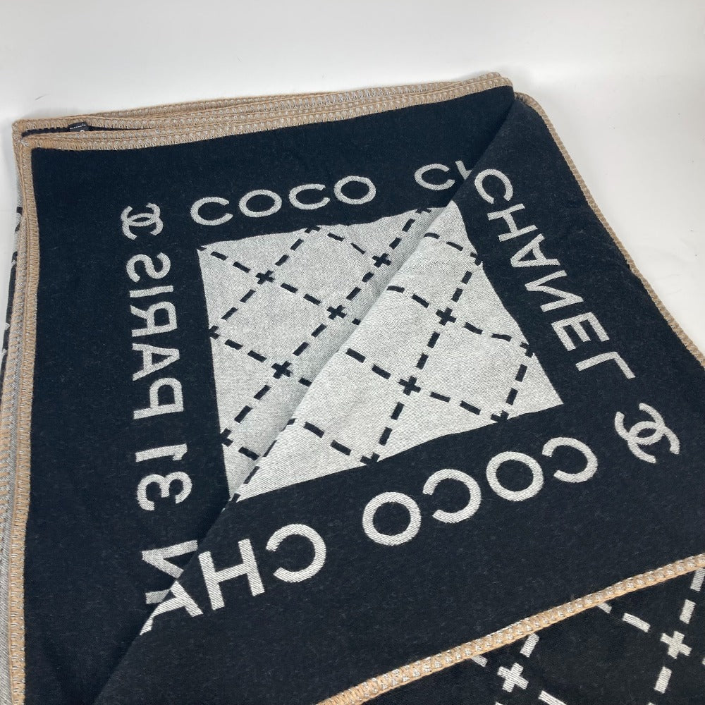 CHANEL 大判 ロゴ ポーチ付き インテリア ひざかけ ブランケット ウール レディース ブラック