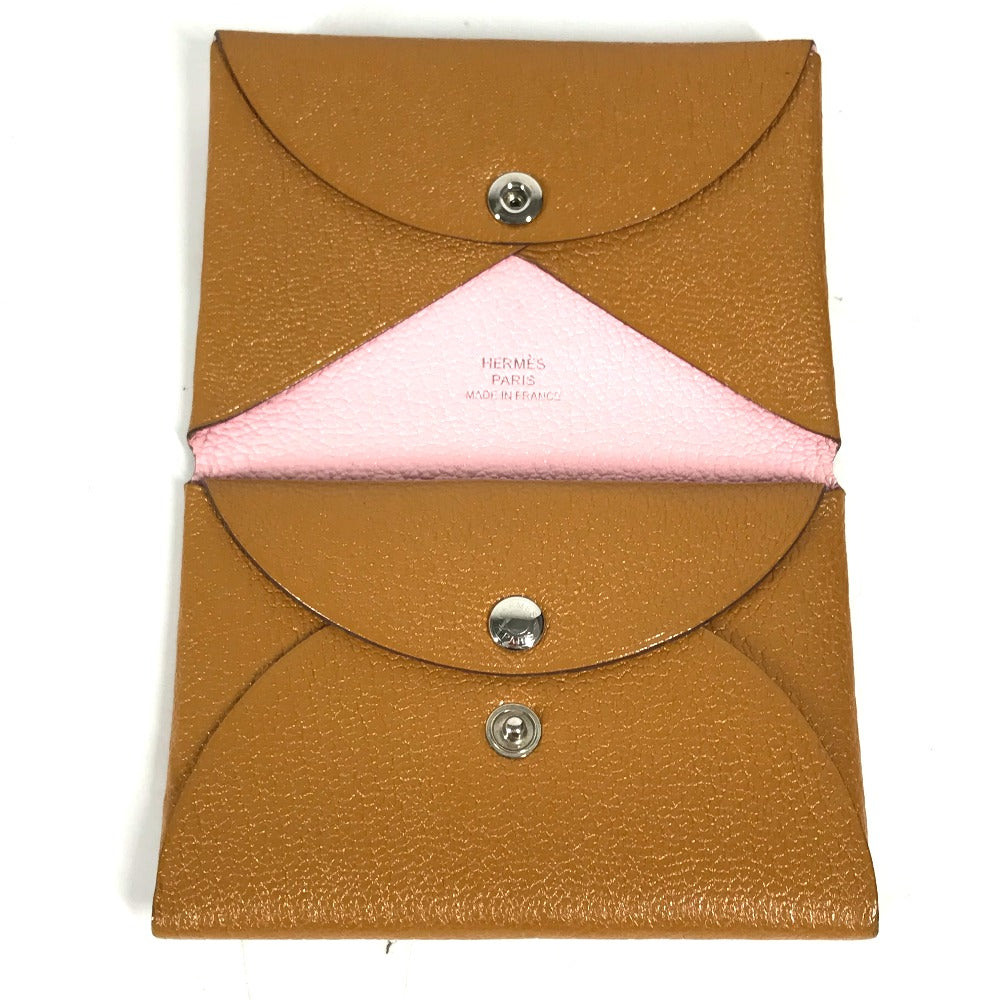 HERMES 二つ折り バイカラー カルヴィデュオ ヴェルソ カードケース 小銭入れ 財布 カードケース 名刺入れ コインケース シェーブル ユニセックス キャラメル/ローズサクラ ベージュ