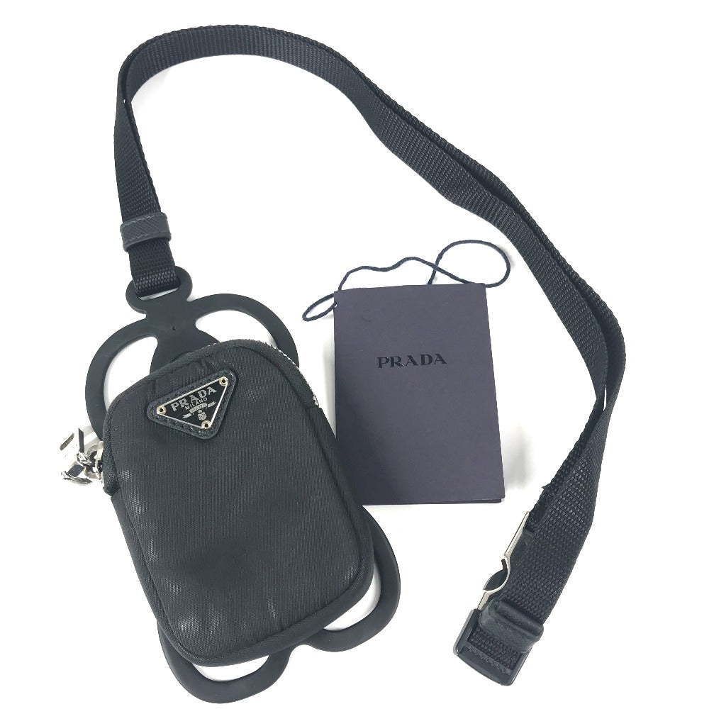 PRADA Triangle Logo Plated Smartphone Pouch iPhone Case with Neck Strap, Nylon, Unisex, Black
