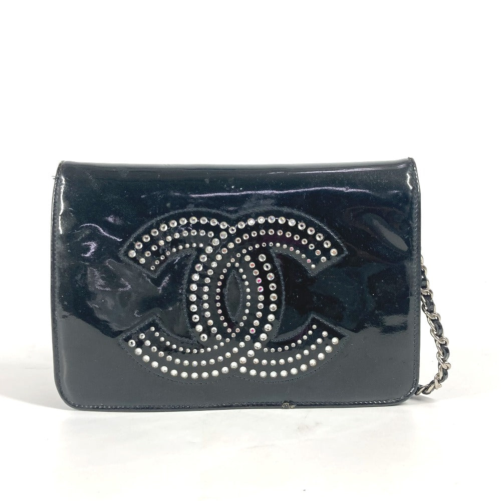 CHANEL 長財布 CC ロゴ ココマーク ラインストーン チェーンウォレット 斜め掛け カバン ポシェット ショルダーバッグ パテントレザー レディース ブラック