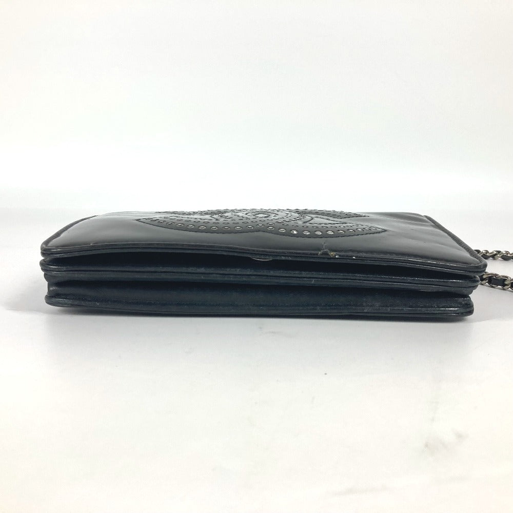 CHANEL 長財布 CC ロゴ ココマーク ラインストーン チェーンウォレット 斜め掛け カバン ポシェット ショルダーバッグ パテントレザー レディース ブラック