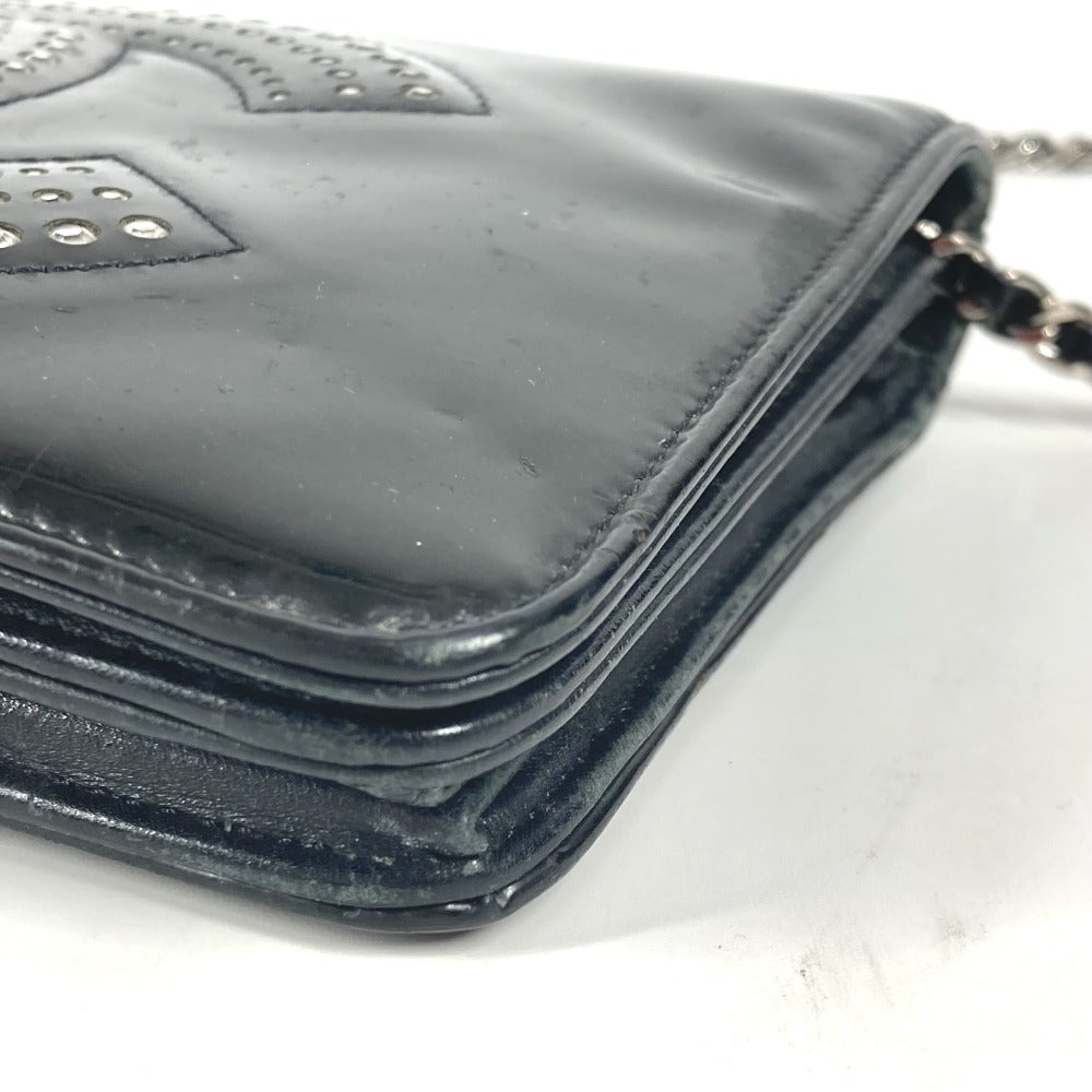 CHANEL 長財布 CC ロゴ ココマーク ラインストーン チェーンウォレット 斜め掛け カバン ポシェット ショルダーバッグ パテントレザー レディース ブラック