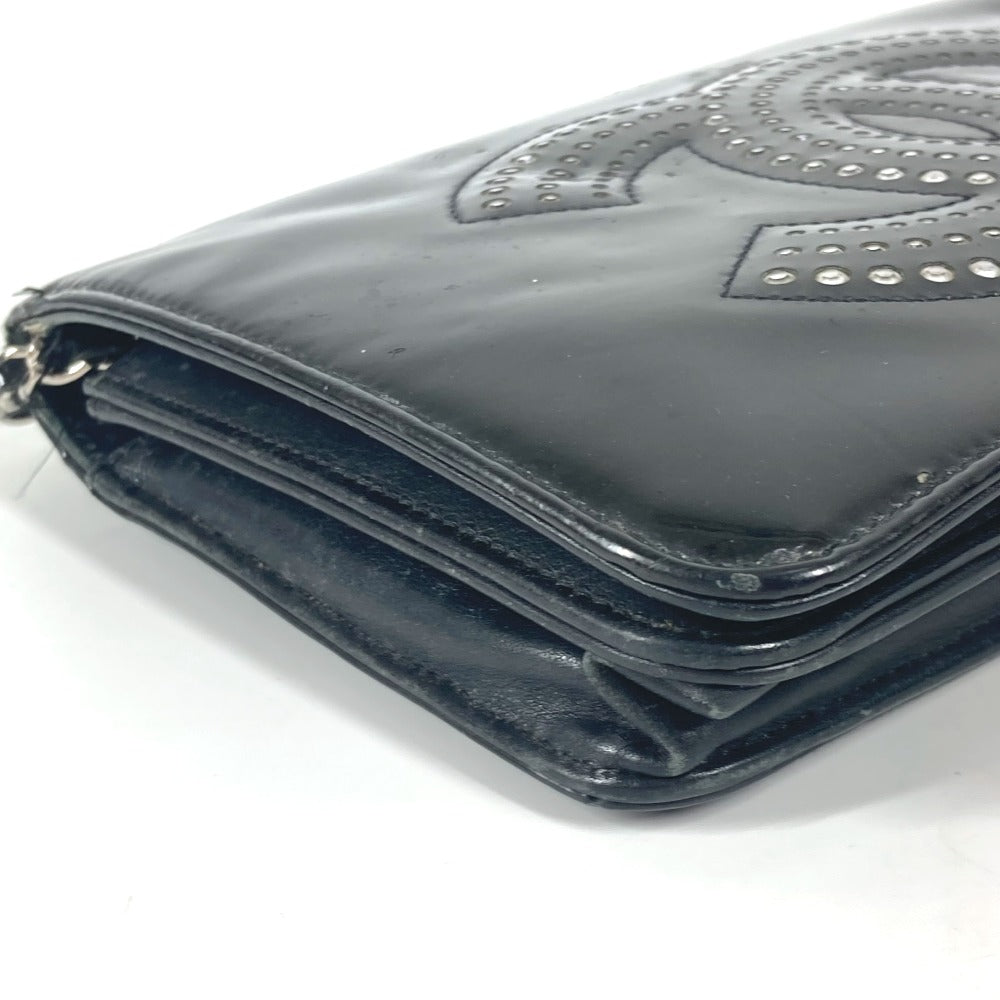CHANEL 長財布 CC ロゴ ココマーク ラインストーン チェーンウォレット 斜め掛け カバン ポシェット ショルダーバッグ パテントレザー レディース ブラック