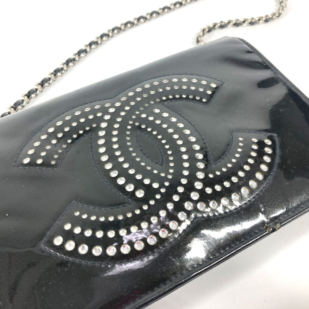 CHANEL 長財布 CC ロゴ ココマーク ラインストーン チェーンウォレット 斜め掛け カバン ポシェット ショルダーバッグ パテントレザー レディース ブラック