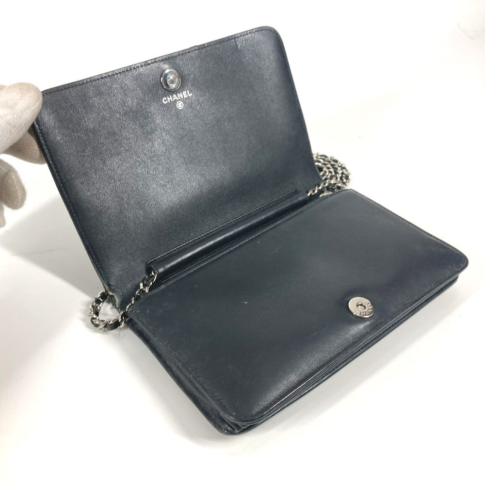 CHANEL 長財布 CC ロゴ ココマーク ラインストーン チェーンウォレット 斜め掛け カバン ポシェット ショルダーバッグ パテントレザー レディース ブラック