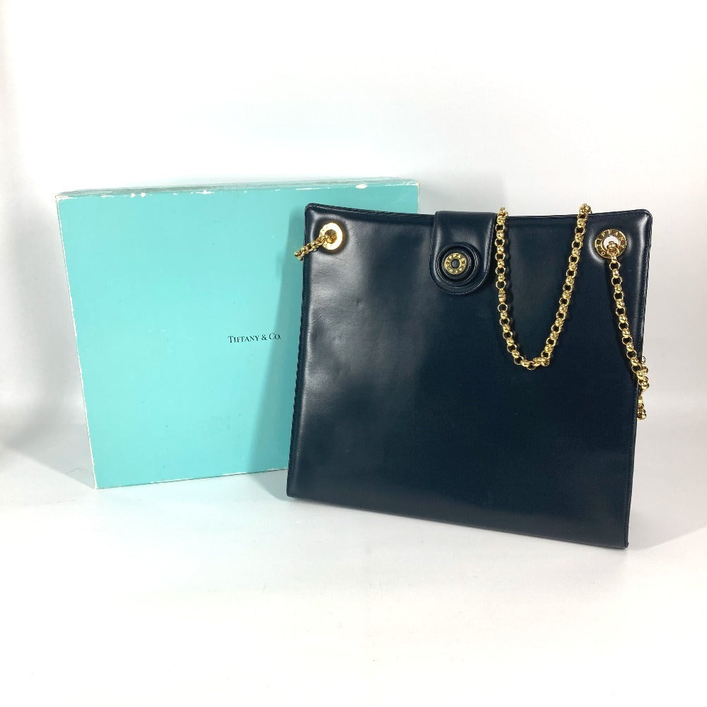 TIFFANY&Co. ラウンドロゴ ビッグ カバン Wチェーンバッグ トートバッグ ショルダーバッグ レザー レディース ネイビー