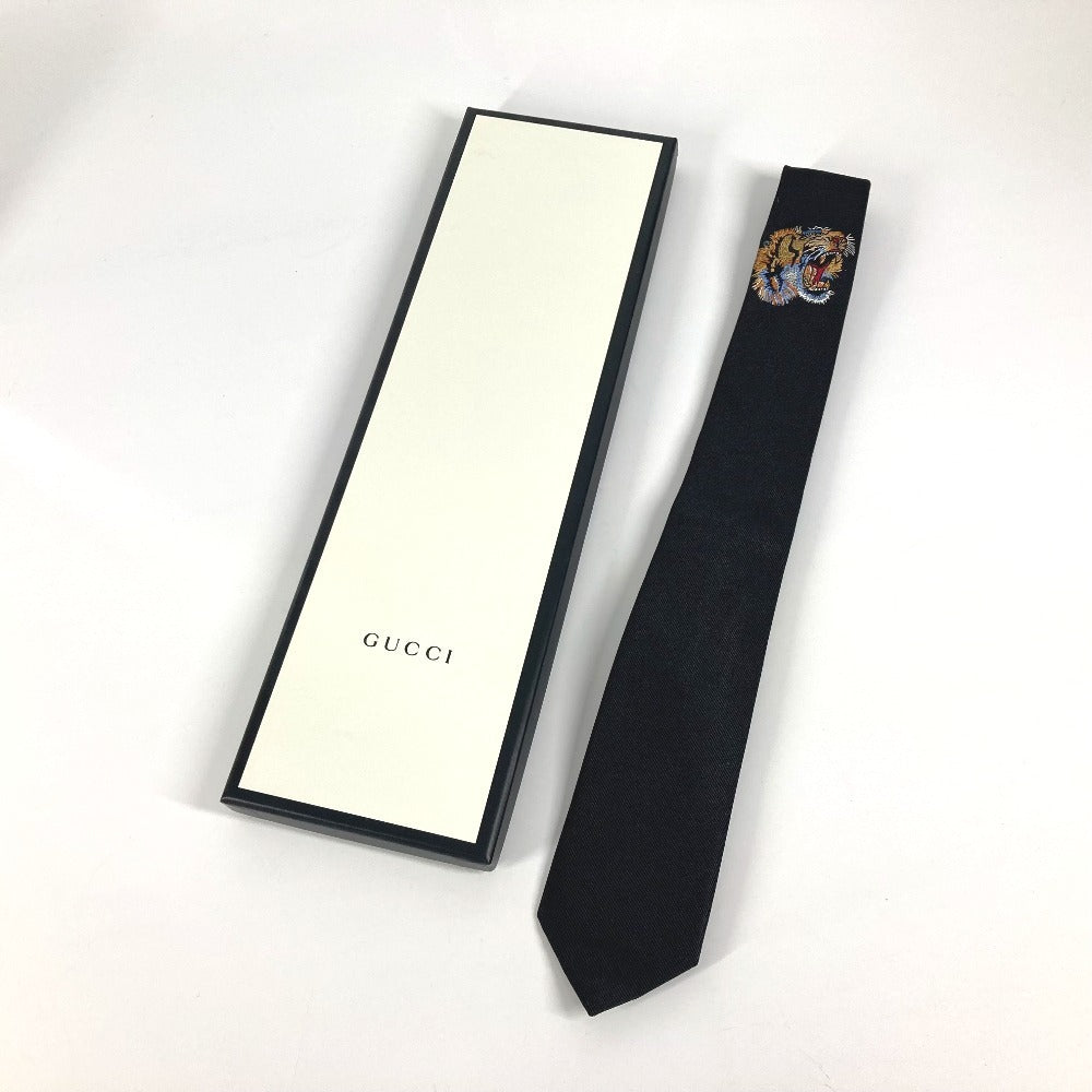 GUCCI タイガー 刺繍 虎 アニマル アクセサリー ネクタイ シルク メンズ ブラック