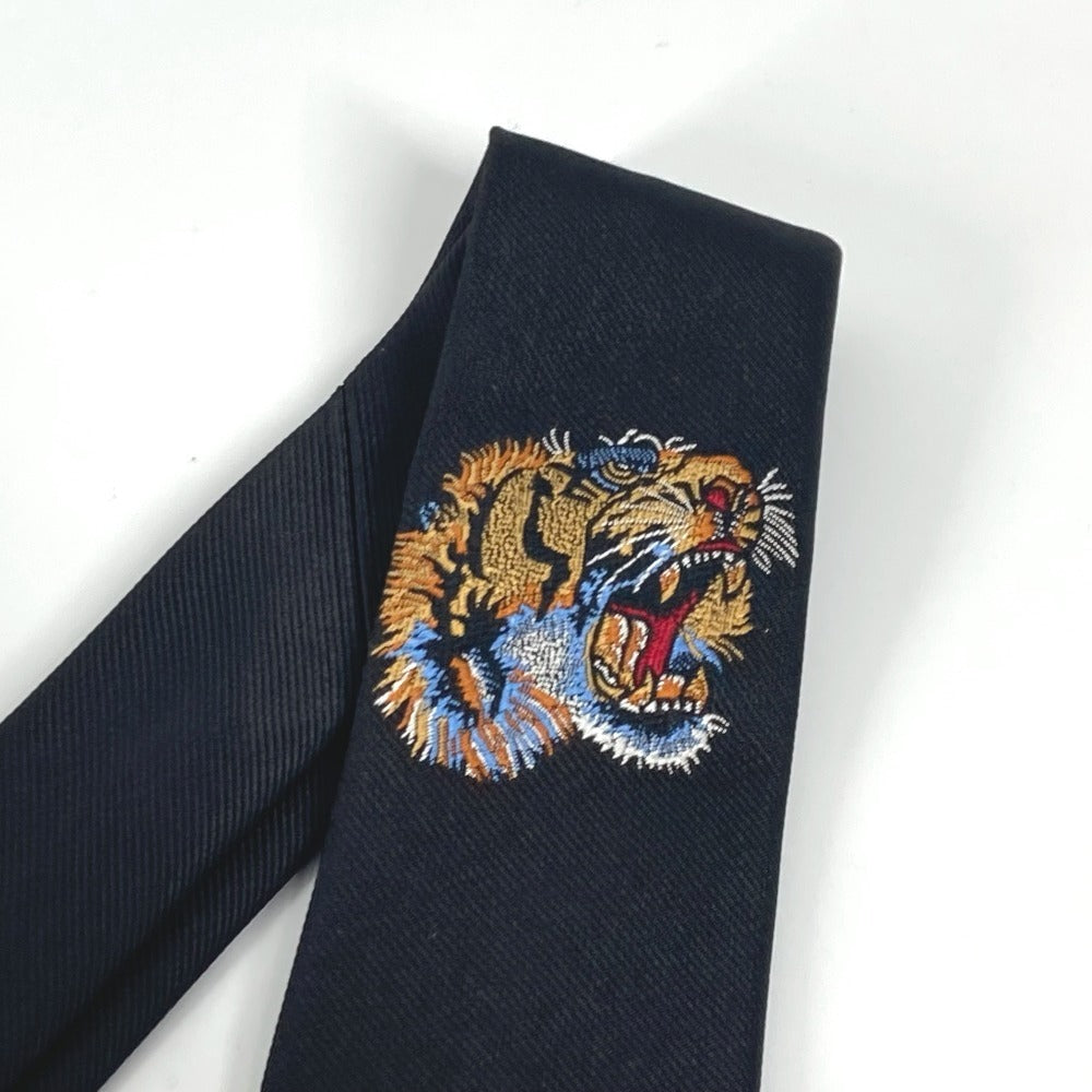 GUCCI タイガー 刺繍 虎 アニマル アクセサリー ネクタイ シルク メンズ ブラック