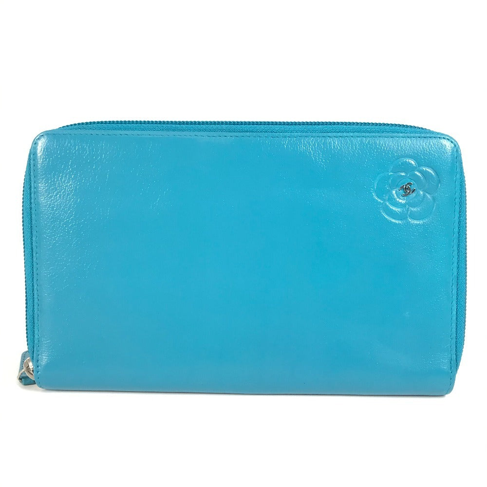 CHANEL Camellia CC Coco Mark Round Zipper Long Wallet Leather Women's Blue