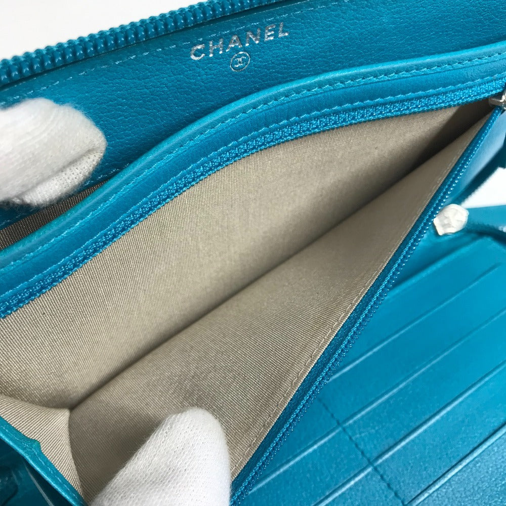 CHANEL Camellia CC Coco Mark Round Zipper Long Wallet Leather Women's Blue