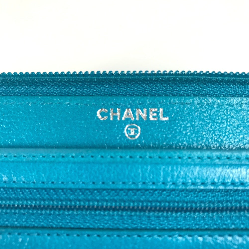 CHANEL Camellia CC Coco Mark Round Zipper Long Wallet Leather Women's Blue