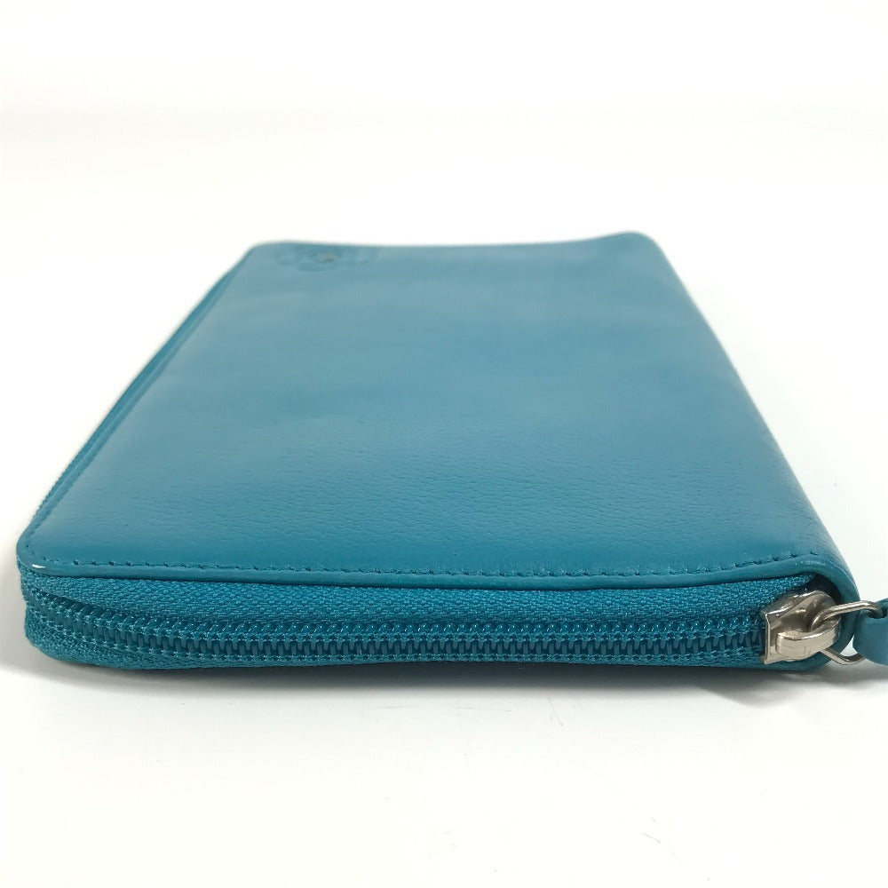 CHANEL Camellia CC Coco Mark Round Zipper Long Wallet Leather Women's Blue