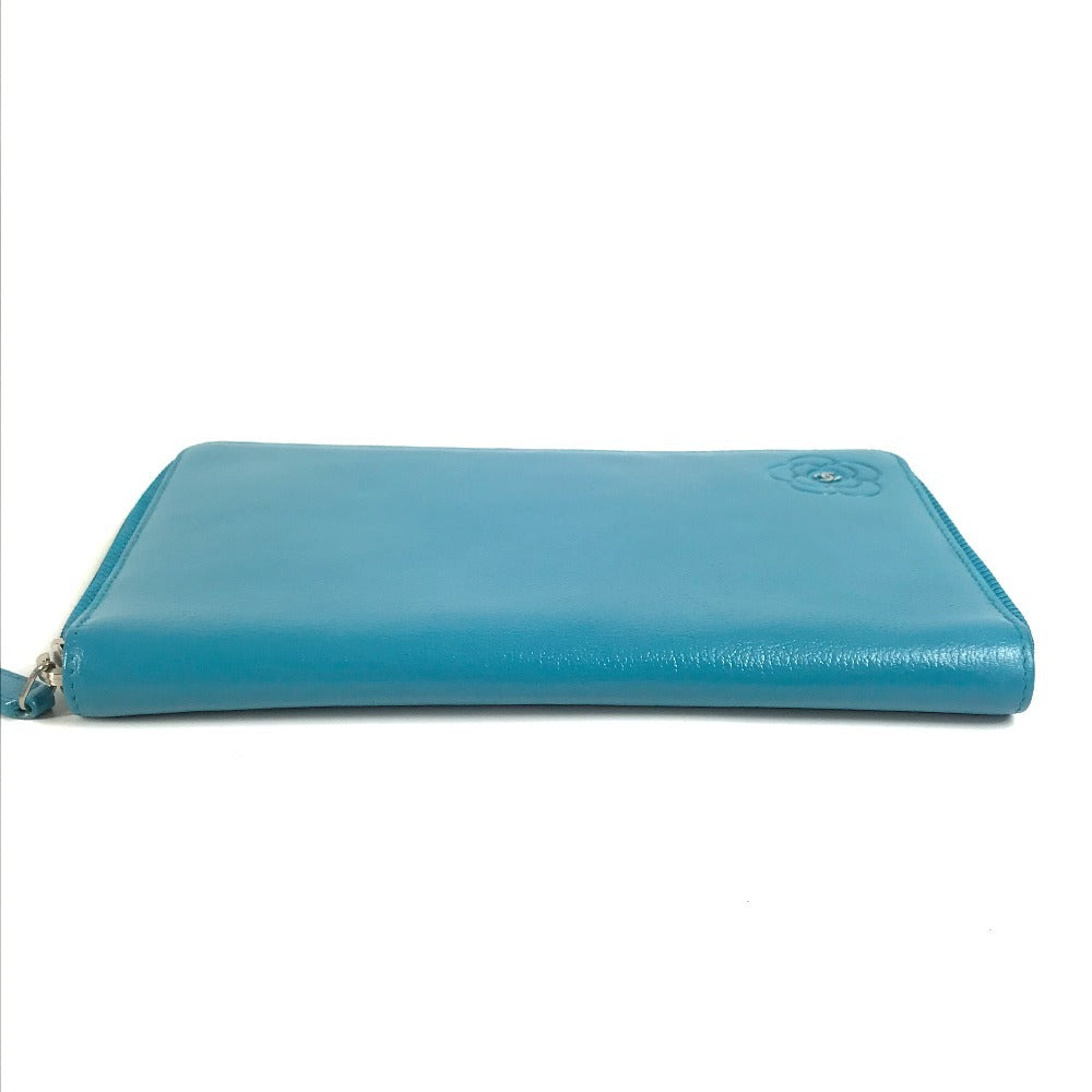 CHANEL Camellia CC Coco Mark Round Zipper Long Wallet Leather Women's Blue
