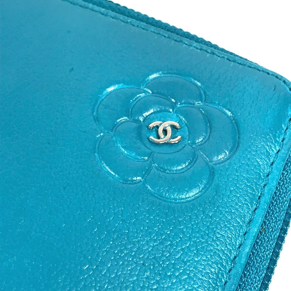 CHANEL Camellia CC Coco Mark Round Zipper Long Wallet Leather Women's Blue