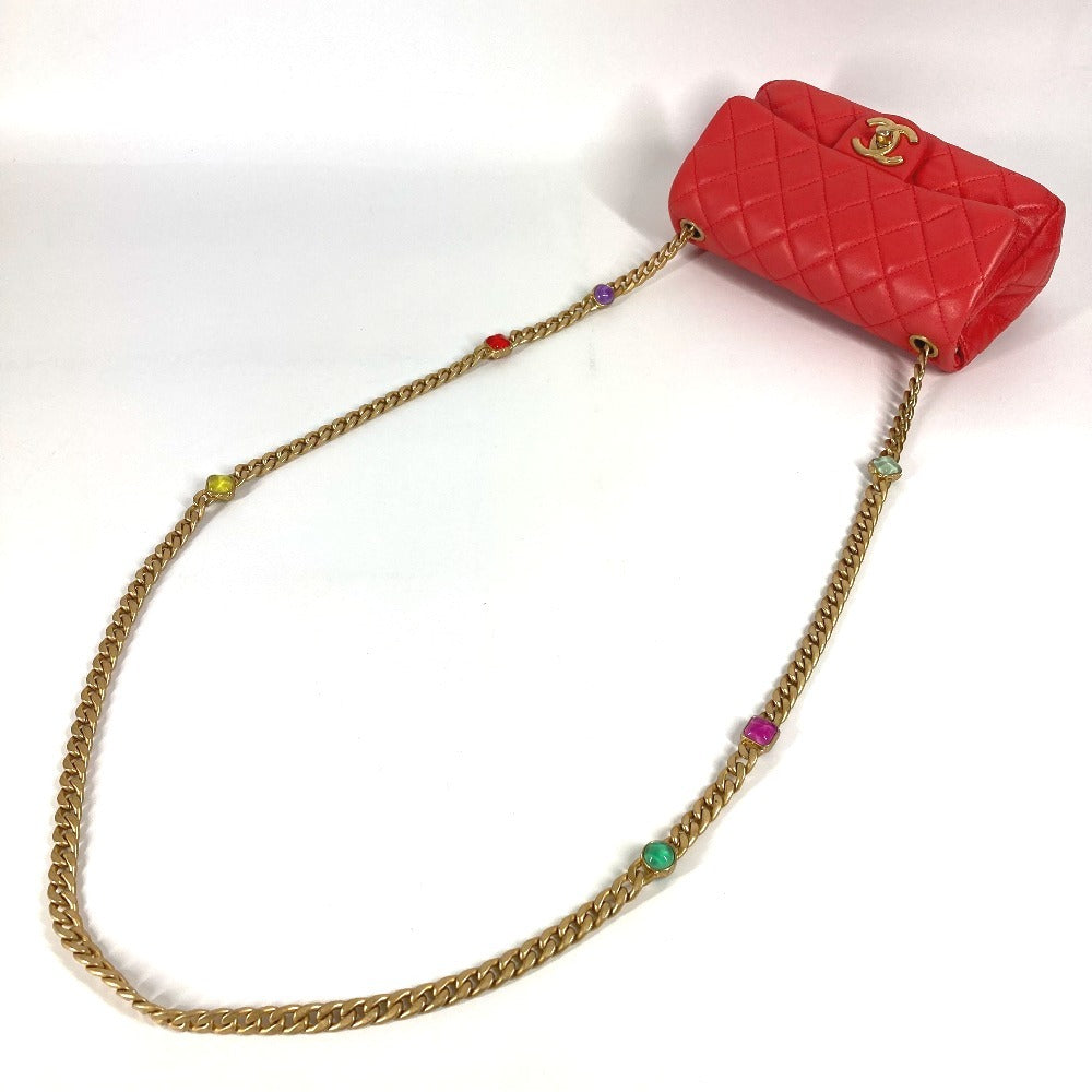 CHANEL AS2380 CC Coco Mark Matelasse Jeweled Double Chain Bag, Crossbody Bag, Flap Shoulder Bag, Lambskin, Women's, Red