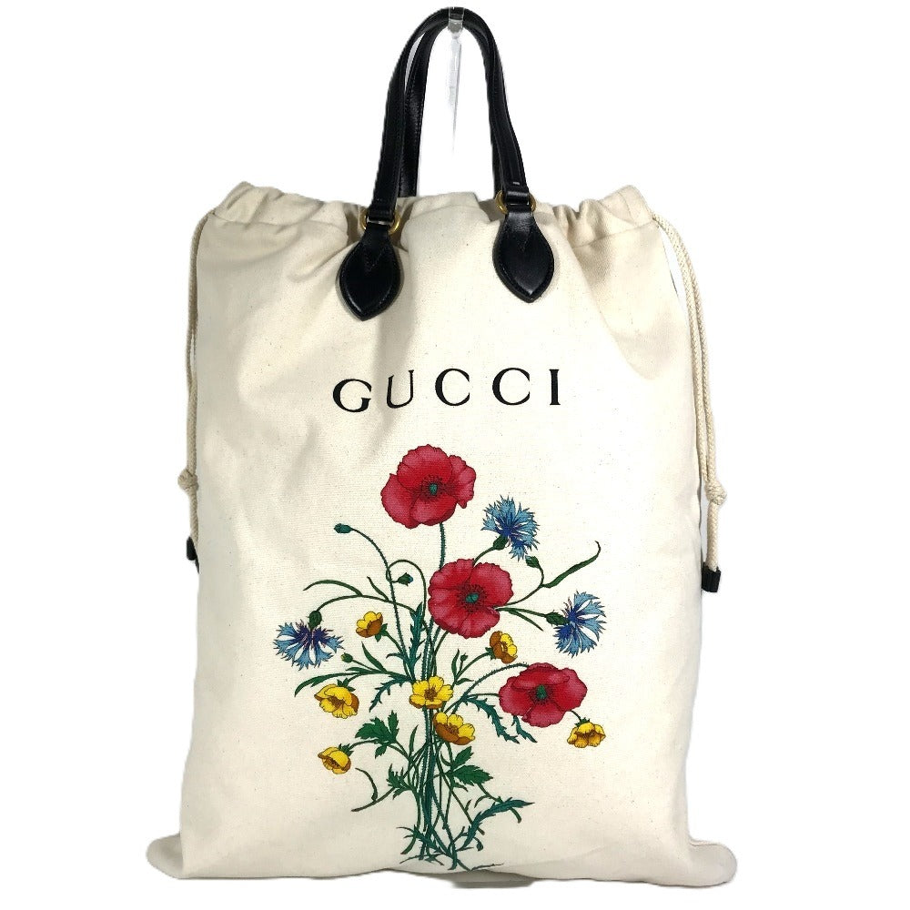 GUCCI 552403 Flower Flora Chateau Marmont Drawstring Tote Bag, Shoulder Bag, Leather/Canvas, Unisex, White