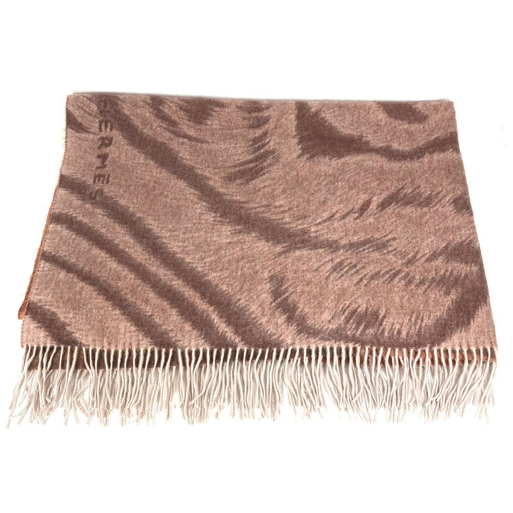 HERMES Tiger Animal Fringe Plaid Blanket, Cashmere, Unisex, Brown